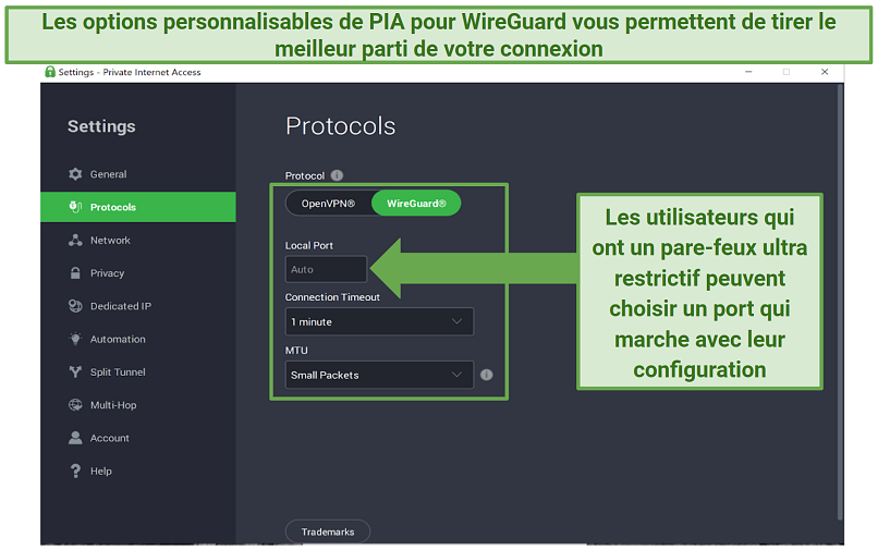 Screenshot of PIA's customizable features using WireGuard protocol.