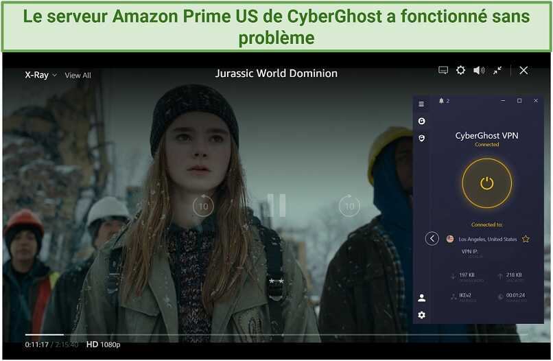 Screenshot of Jurassic World Dominion streaming on Prime Video US with CyberGhost connected