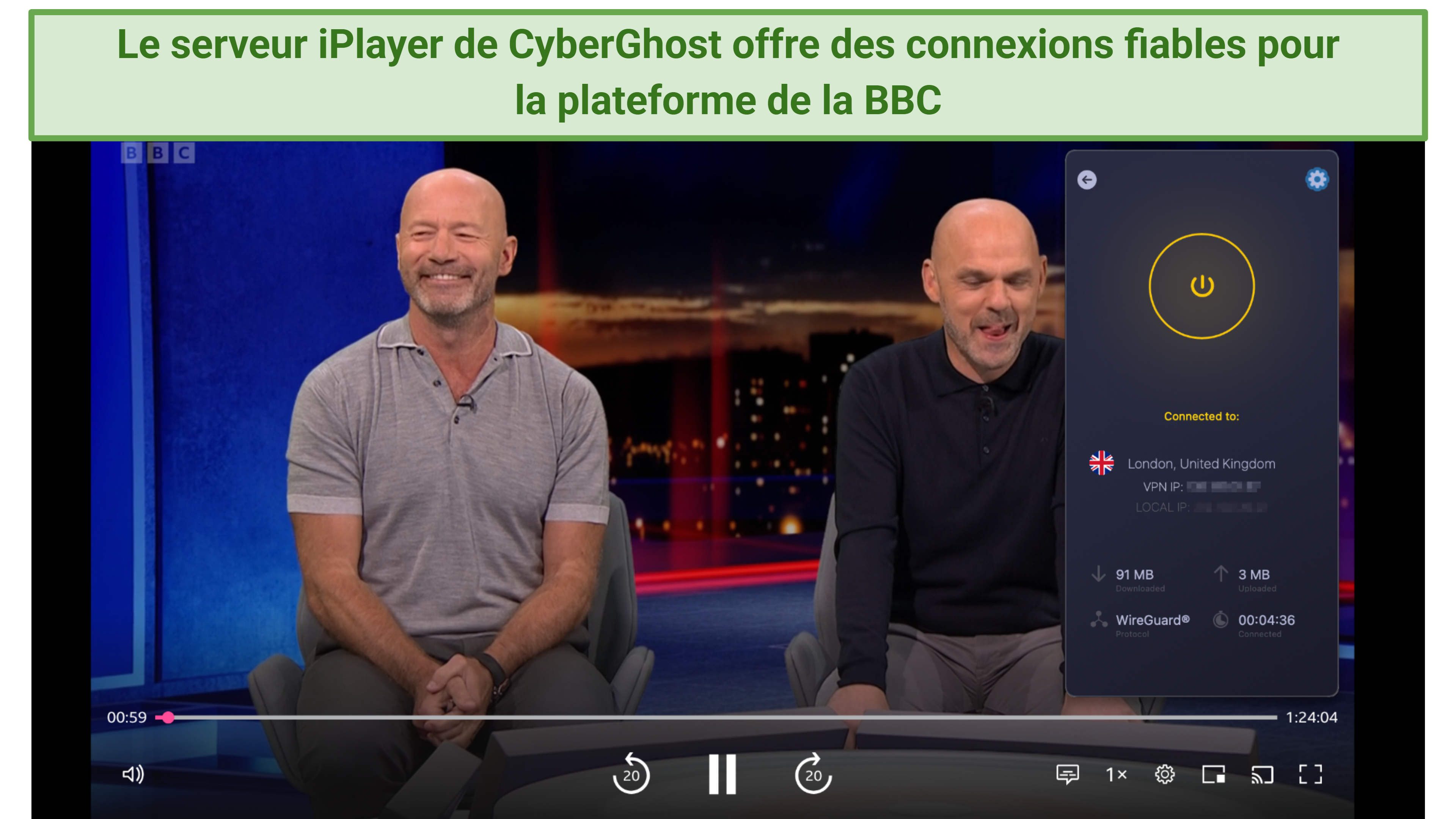 Screenshot showing CyberGhost connected to the iPlayer specialty streaming server server over a browser window streaming Match of the Day