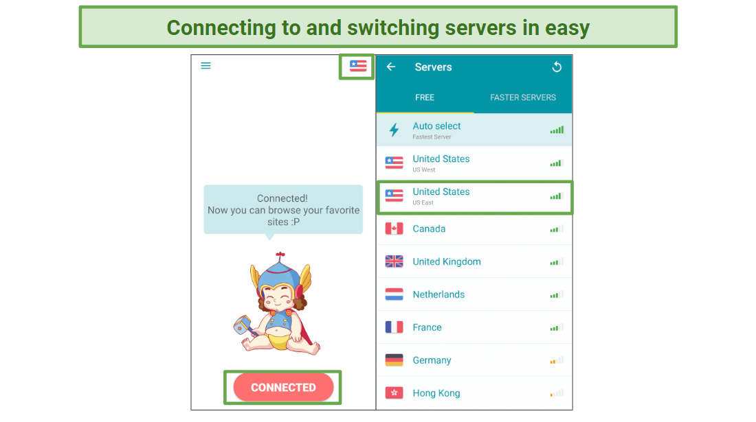 A screenshot of Thunder VPN connected and its available servers.