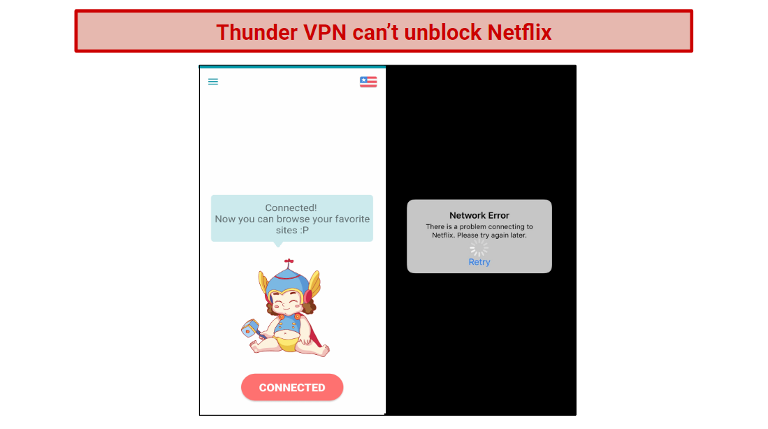 A screenshot of ThunderVPN connected to a US server and a failed attempt to unblock Netflix using the VPN.
