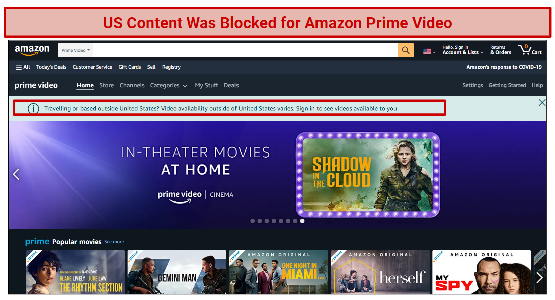 A screenshot of an error message for Hoxx VPN Amazon Prime Video access.
