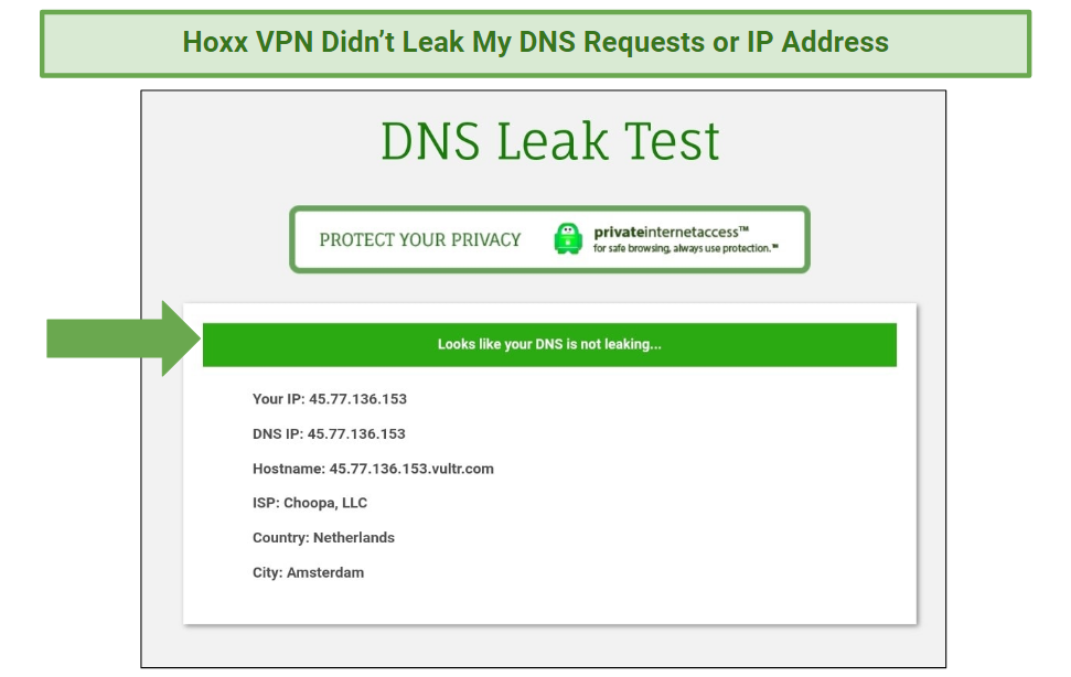 Results of a DNS/IP leak test performed on Hoxx VPN.