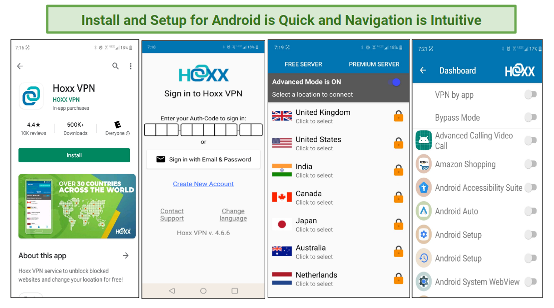 A screenshot of the various stages of install and setup for Hoxx VPN.