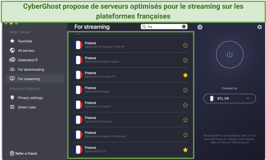 A screenshot of CyberGhost's servers optimized for streaming French platforms
