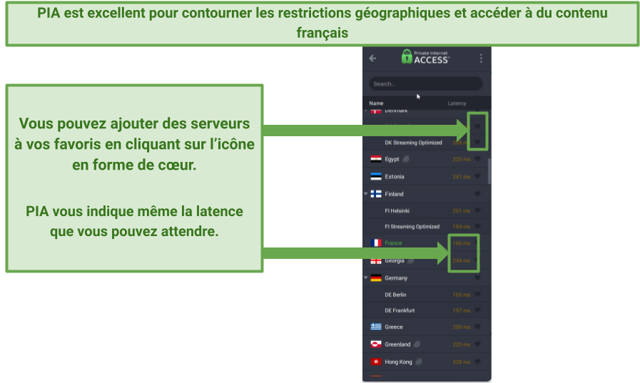 Screenshot of PIA sever list showing France servers