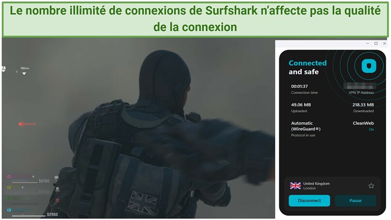 A screenshot of Call of Duty gameplay while connected to Surfshark