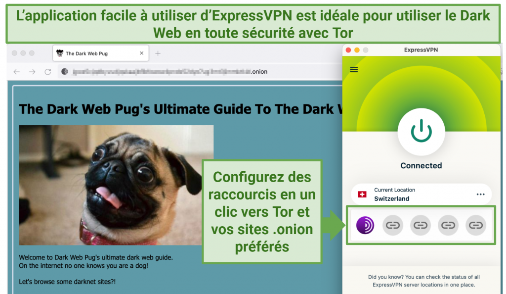 Screenshot showing a dark web site on Tor browser with the ExpressVPN app connected to a server in Switzerland