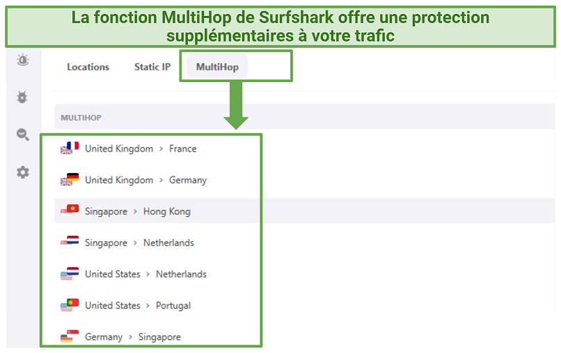 Screenshot showing Surfshark's MultiHop feature to double your encryption