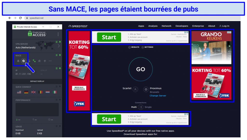 Screenshot showing webpage with ads before Private Internet Access VPN's MACE feature activated