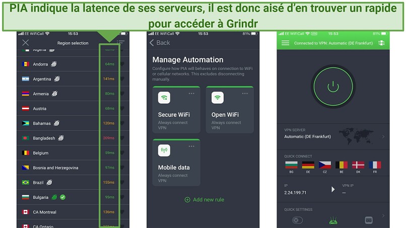 Screenshots showing the server list and Manage Automation screens on the PIA app