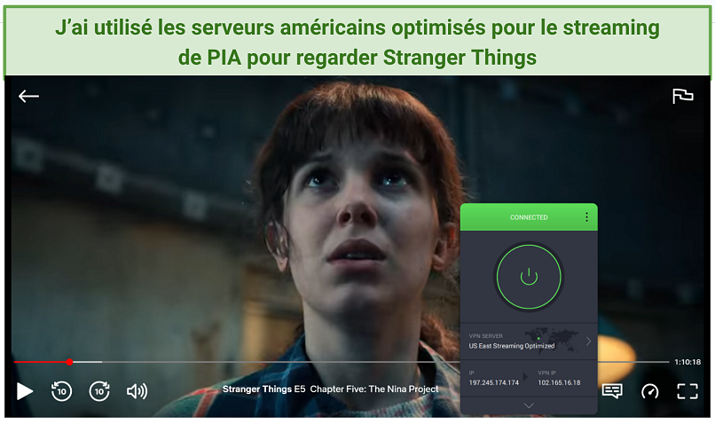 Screenshot showing Stranger Things Season 4 playing on Netflix with PIA connected to US servers