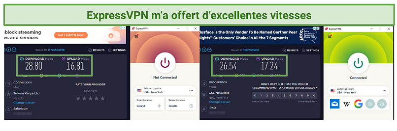 Screenshot showing a side by side speed test results without VPN and with ExpressVPN connected to US server