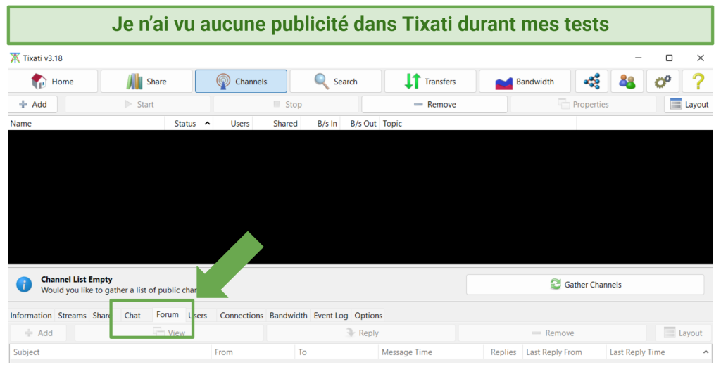 A screenshot showing Tixati offers an ad-free torrenting experience