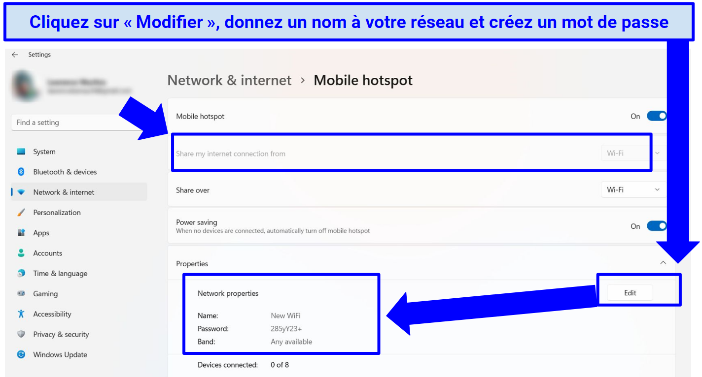 A screenshot showing how to create/update mobile hotspot's network name and password on Windows