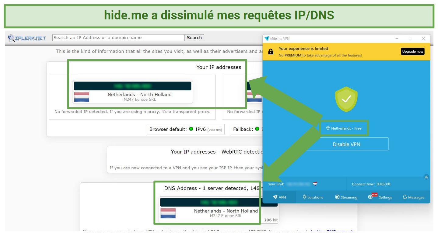 A screenshot showing hide.me's IP/DNS protection conceals your real location
