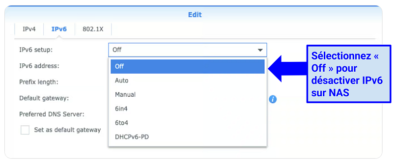 Screenshot showing how to disable IPv6 on Synology NAS