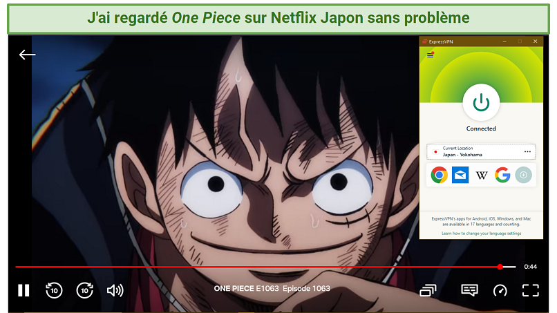 Screenshot of streaming One Piece on Netflix Japan while connected to ExpressVPN