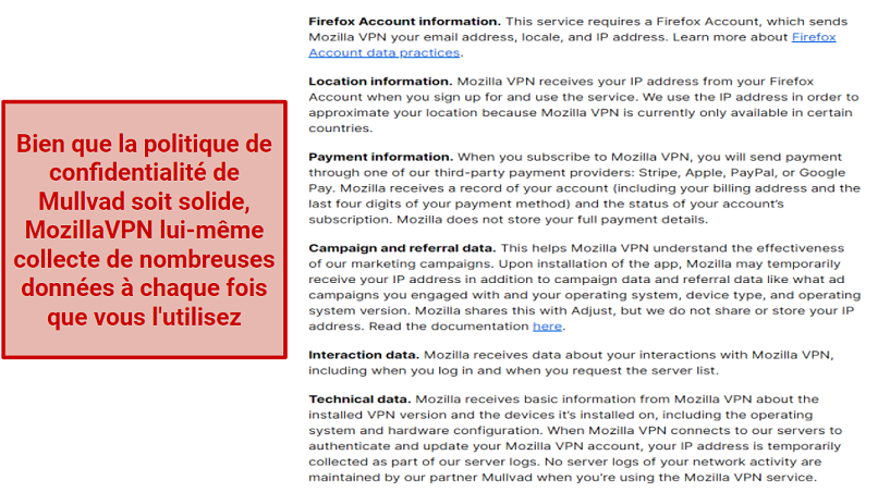Screenshot showing MozillaVPN's data collection information