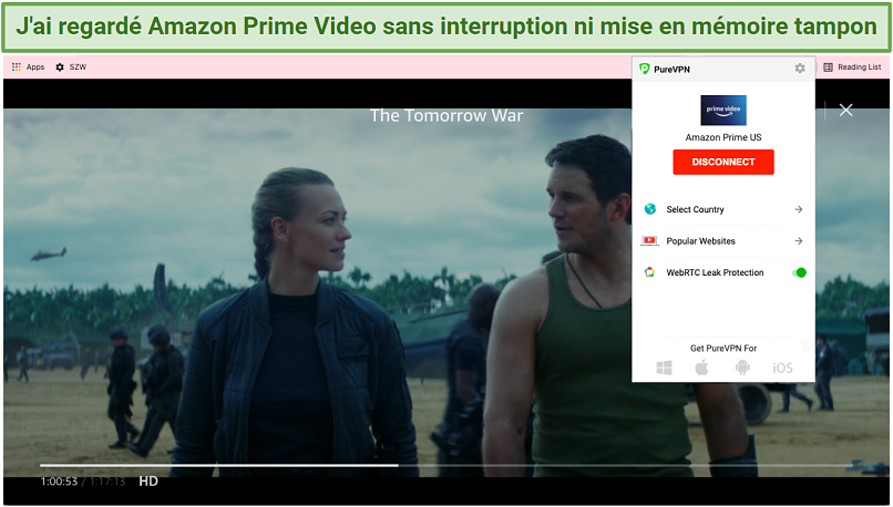 Screenshot showing Amazon Prime Video streaming with PureVPN