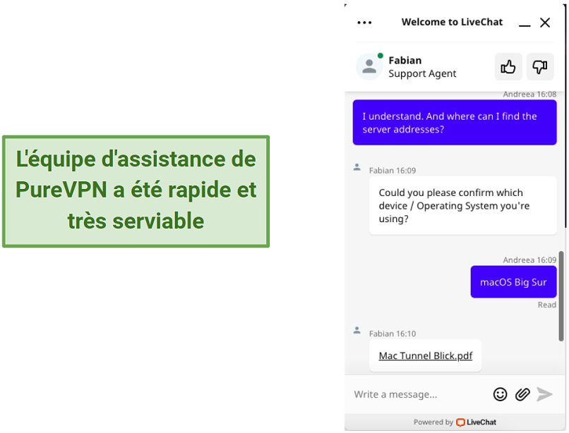screenshot showing PureVPN's live chat support