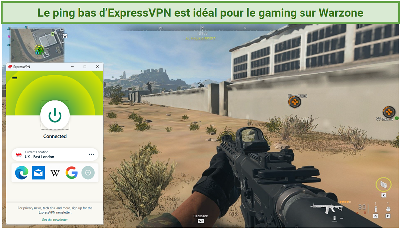 Screenshot of Warzone 2.0 gameplay with ExpressVPN connected