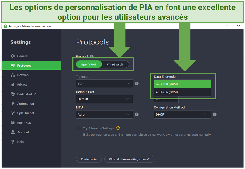 Screenshot showing PIA's customizable security settings