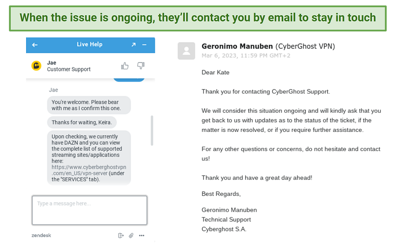 screenshot showing CyberGhost's online chat and email support