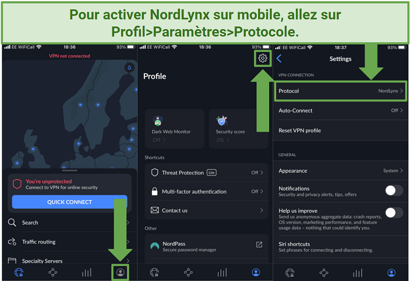 Capture d’écran montrant comment activer le protocole propriétaire NordLynx sur les appareils mobiles
