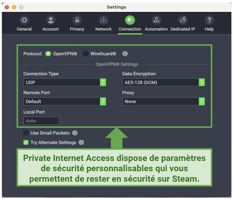 Graphic showing PIA's security features on its macOS app