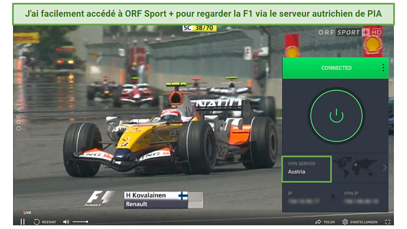 A screenshot of streaming F1 races on ORF Sport + using PIA's Austrian server