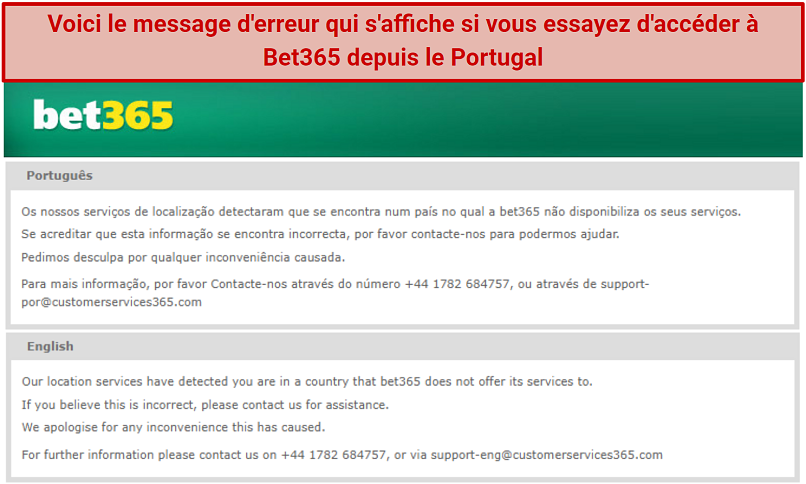 A screenshot of bet365's location error message in Portuguese and English