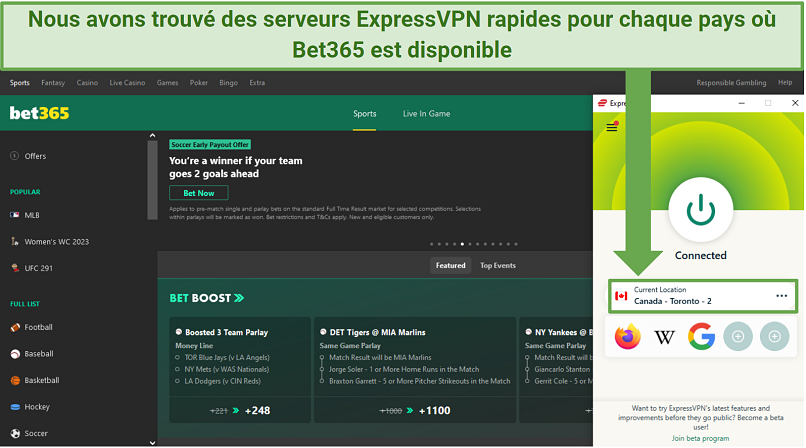 Screenshot of Bet365's homepage while ExpressVPN is connected to a server in Canada