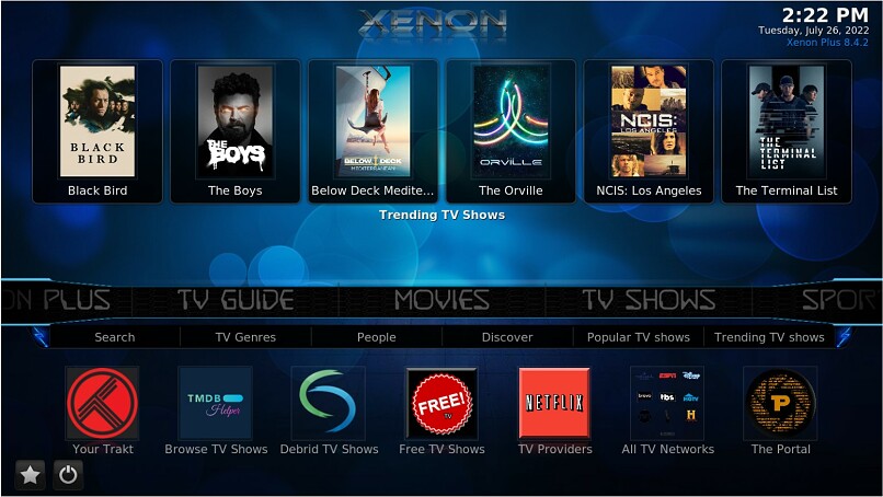 A screenshot showing some of the categories available on Xenon Kodi build