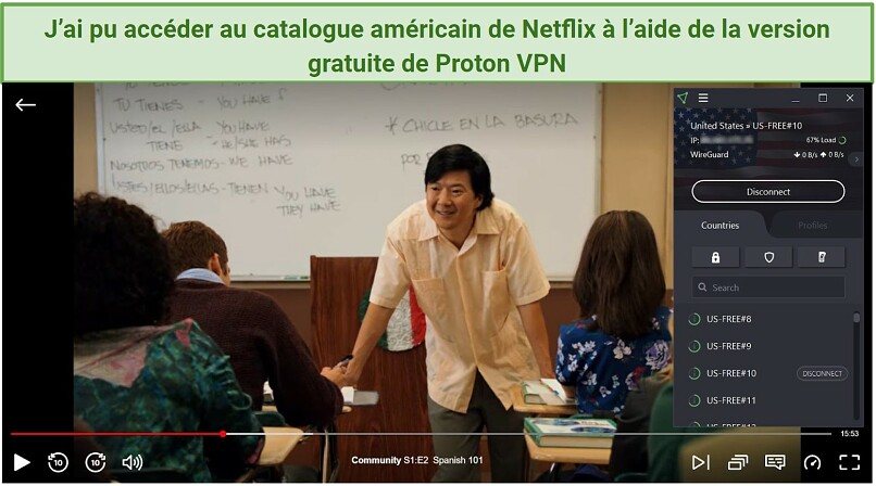 Screenshot of watching Community on Netflix US with the free version of Proton VPN connected to a server in the US