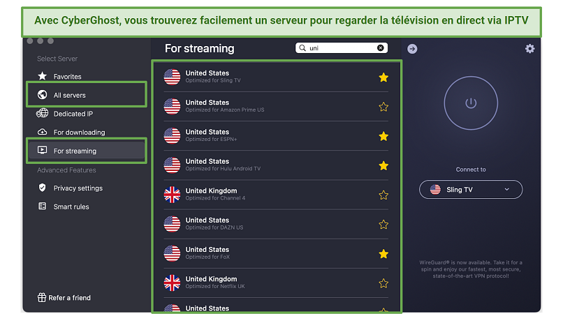 A screenshot of CyberGhost's list of streaming-optimized servers within the 