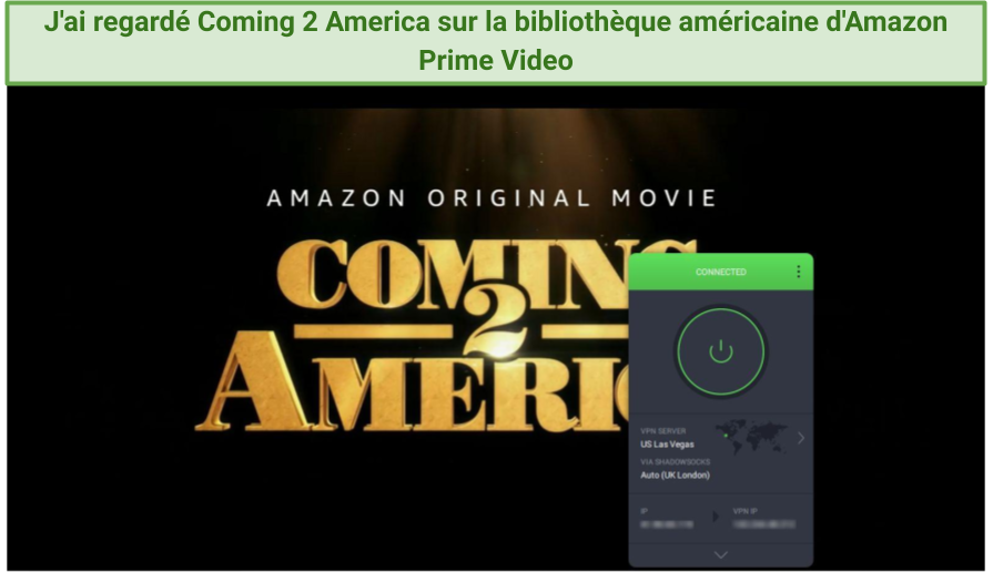 Screenshot showing Coming 2 America playing on Amazon Prime Video with PIA connected to Las Vegas server
