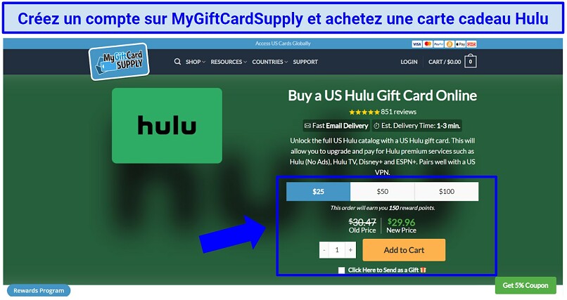 Picture of MyGiftCardSupply website showing Hulu gift cards