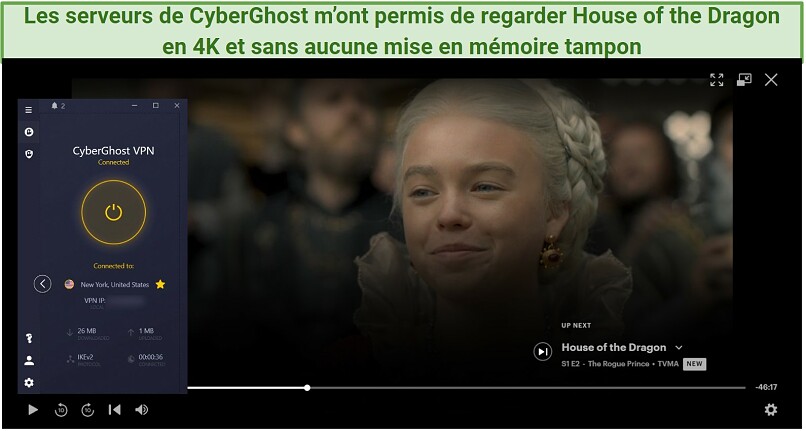 Screenshot of CyberGhost successfully unblocking Hulu