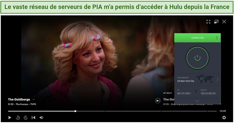 Screenshot of Private Internet Access successfully unblocking Hulu