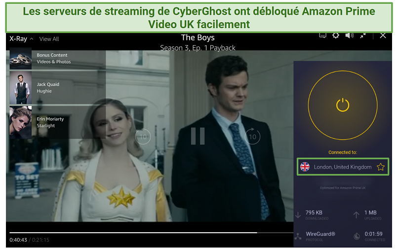 Screenshot of watching The Boys on Amazon Prime Video connected to CyberGhost's optimized streaming servers