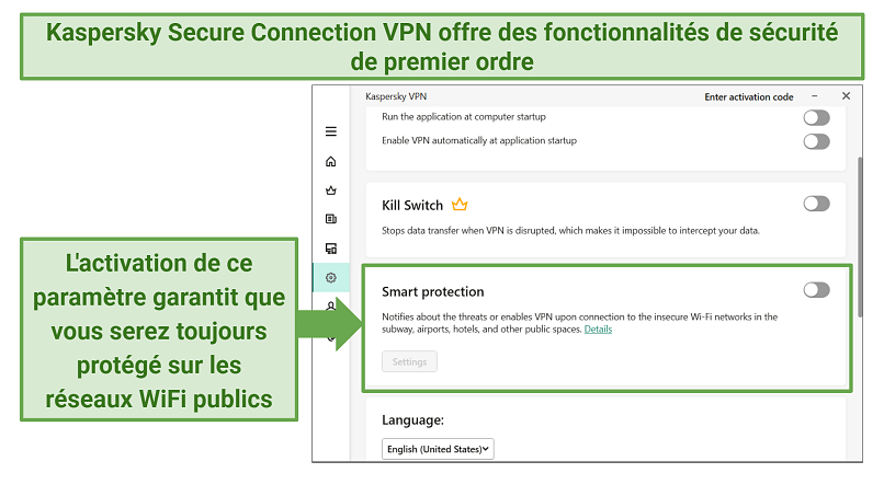 Screenshot of Kaspersky Secure Connection VPN app on Windows that shows its Smart protection feature.