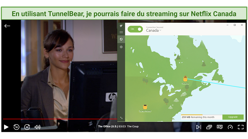 Screenshot of watching The Office on Canadian Netflix by using TunnelBear free VPN connected to Canada.