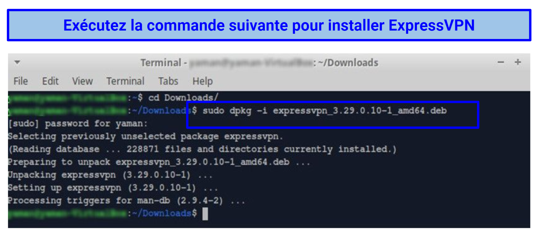 Screenshot of Linux Terminal (CLI) showing ExpressVPN installation command