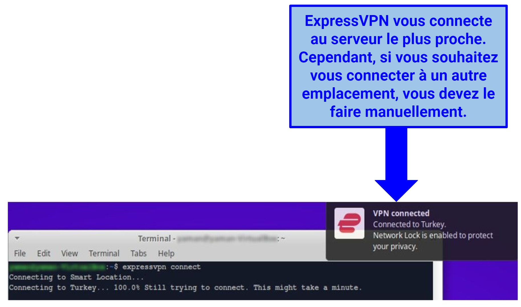 Screenshot of Linux Terminal (CLI) showing ExpressVPN connected notification