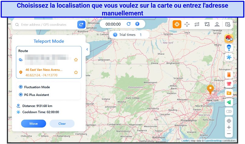 Screenshot showing how to choose a location in the spoofing app