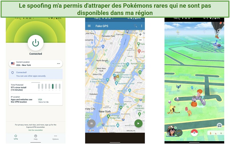 A screenshot showing a Pokemon GO gameplay with location spoofed on Android