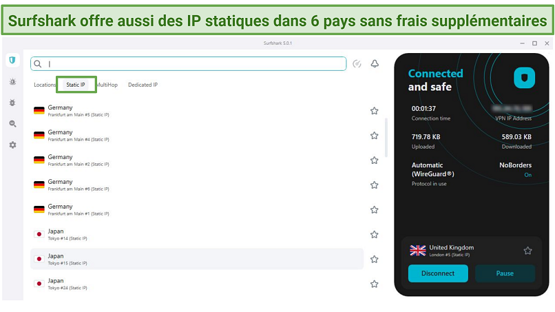 Capture d’écran de l’interface Windows de Surfshark avec une liste de ses IP fixes