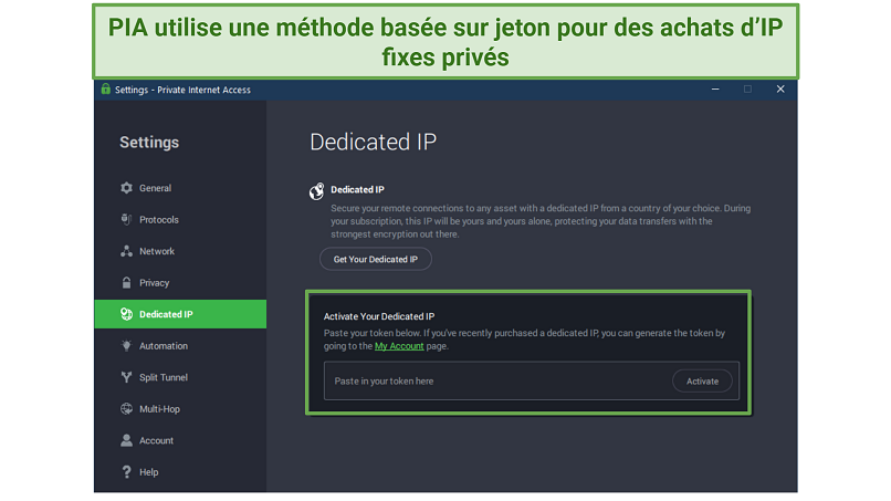 Capture d’écran de la page d’activation de jeton pour les IP fixes sur l’appli Windows