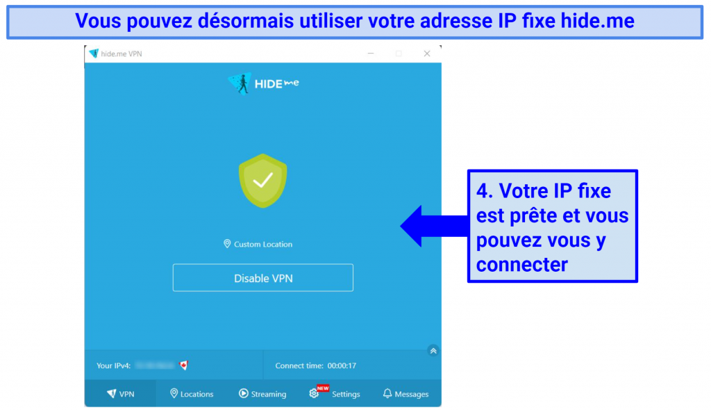 Screenshot showing hide.me's fixed IP address enabled over Double VPN for a secure online connection.